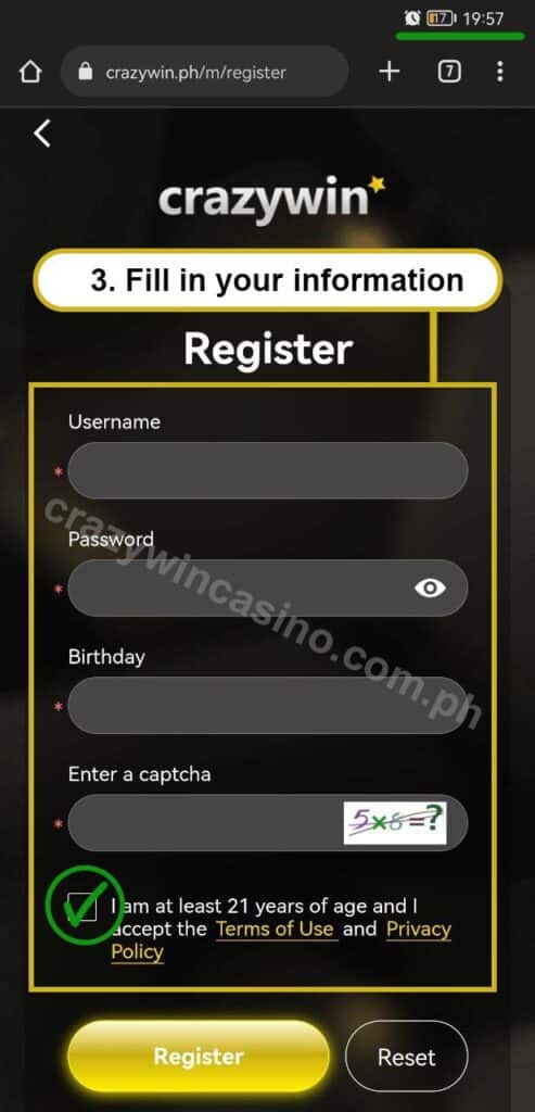 Crazywin Phone Register Step2