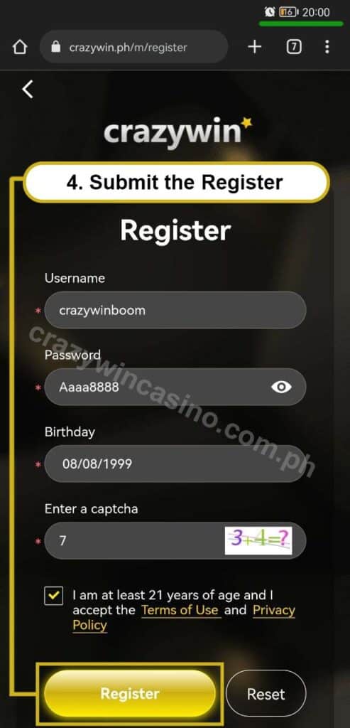 Crazywin Phone Register Step3