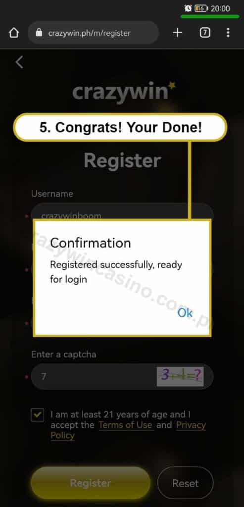 Crazywin Phone Register Step4